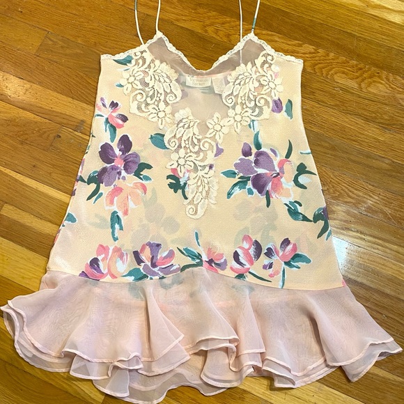Vintage Victoria's Secret Peach Floral, Lace & Frill Mini Slip Lingerie Dress - Picture 6 of 15